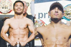 Ipinakita nina Manny Pacquiao at Mario Barrios (ibabang larawan) ang kani-kanilang maskuladong katawan sa idinaos na weigh-in.
