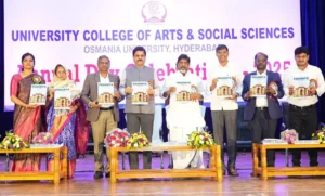 ओयू के यूनिवर्सिटी कॉलेज ऑफ आर्ट्स एंड सोशल साइंसेज के वर्षगांठ समारोह में भाग लेते उप-मुख्यमंत्री मल्लू भट्टी विक्रमार्का व अन्य।