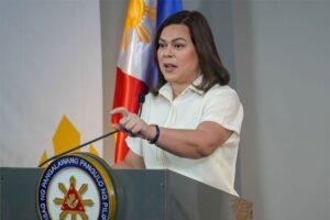 Vice President Sara Duterte addresses the media at the Office of the Vice President in Mandaluyong City on February 7, 2025, days after the House of Representatives approved her impeachment.