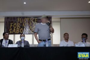 E-sabong whistleblower Julie "Dondon" Patidongan speaks before the families of the "missing sabungeros" during the “Justice for All Sabungeros” press conference at University Hotel in UP Diliman, Quezon City on July 14, 2025.