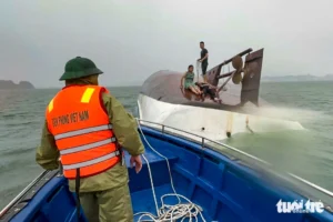 Ba nạn nhân (gồm cả bà Phạm Thị Bình) vừa trải qua lằn ranh sinh tử trên thân con tàu bị lật được Bộ đội biên phòng đồn cửa khẩu cảng Hòn Gai tiếp cận, cứu đưa vào bờ - Ảnh: VIỆT ANH