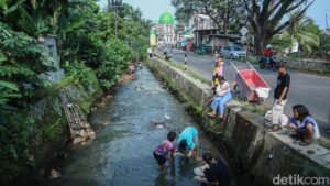 Warga mencuci jeroan hewan kurban di aliran kali kawasan Pitara, Depok, Sabtu (7/6/2025). Aktivitas ini menjadi pemandangan rutin saat momen Idul Adha tiba.