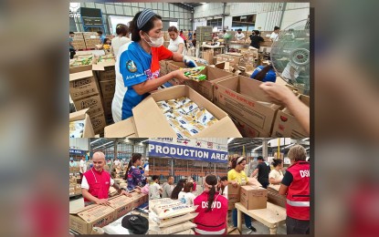 CONTINUOUS REPLENISHMENT. Department of Social Welfare and Development staff and volunteers are busy repacking family food packs (FFPs) at the Visayas Disaster Resource Center (VDRC) in Mandaue City, Cebu province on Oct. 23, 2024. The VDRC and the National Resource Operations Center in Pasay City are continuously engaged in the repacking and hauling of family FFPs to ensure that communities affected by calamities receive immediate relief and support. (Photo courtesy of DSWD)