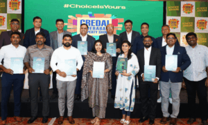 हाईटेक्स में 15 से आयोजित होने वाले क्रेडाई हैदराबाद प्रॉपर्टी शो-2025 का ब्रोशर लांच करते एन.जयदीप रेड्डी, बी.जगन्नाथ राव, कुर्रा श्रीनाथ व अन्य।