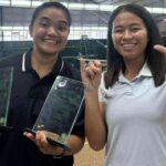 SIX-TIME CHAMPION. Filipinos Tennielle Madis (left) and Stefi Marithe Aludo hold the girls' doubles trophies during the awarding ceremony of the J60 PHINMA-ITF Junior Championships 2 at the Manila Polo Club in Makati City on Sunday (July 27, 2025). They beat top seeds Yesung Choo of Korea and Yu-Ning Tsai of Chinese Taipei in the finals, 6-1, 6-4. (Contributed photo)