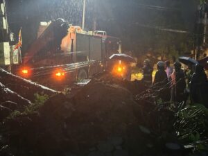 Các đoạn đường xã Thanh Trì có cây gãy đổ. Ảnh: Thanh Hồng