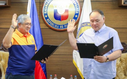 NEW CHIEF. Newly-appointed Office of Civil Defense (OCD) administrator, Undersecretary Harold Cabreros (left), takes his oath before Department of National Defense (DND) Secretary Gilberto Teodoro Jr. in Camp Aguinaldo, Quezon City on Tuesday (Aug. 26, 2025). Cabreros replaced OCD officer-in-charge and concurrent deputy administrator for administration, Assistant Secretary Bernardo Rafaelito Alejandro IV. (Photo courtesy of DND)