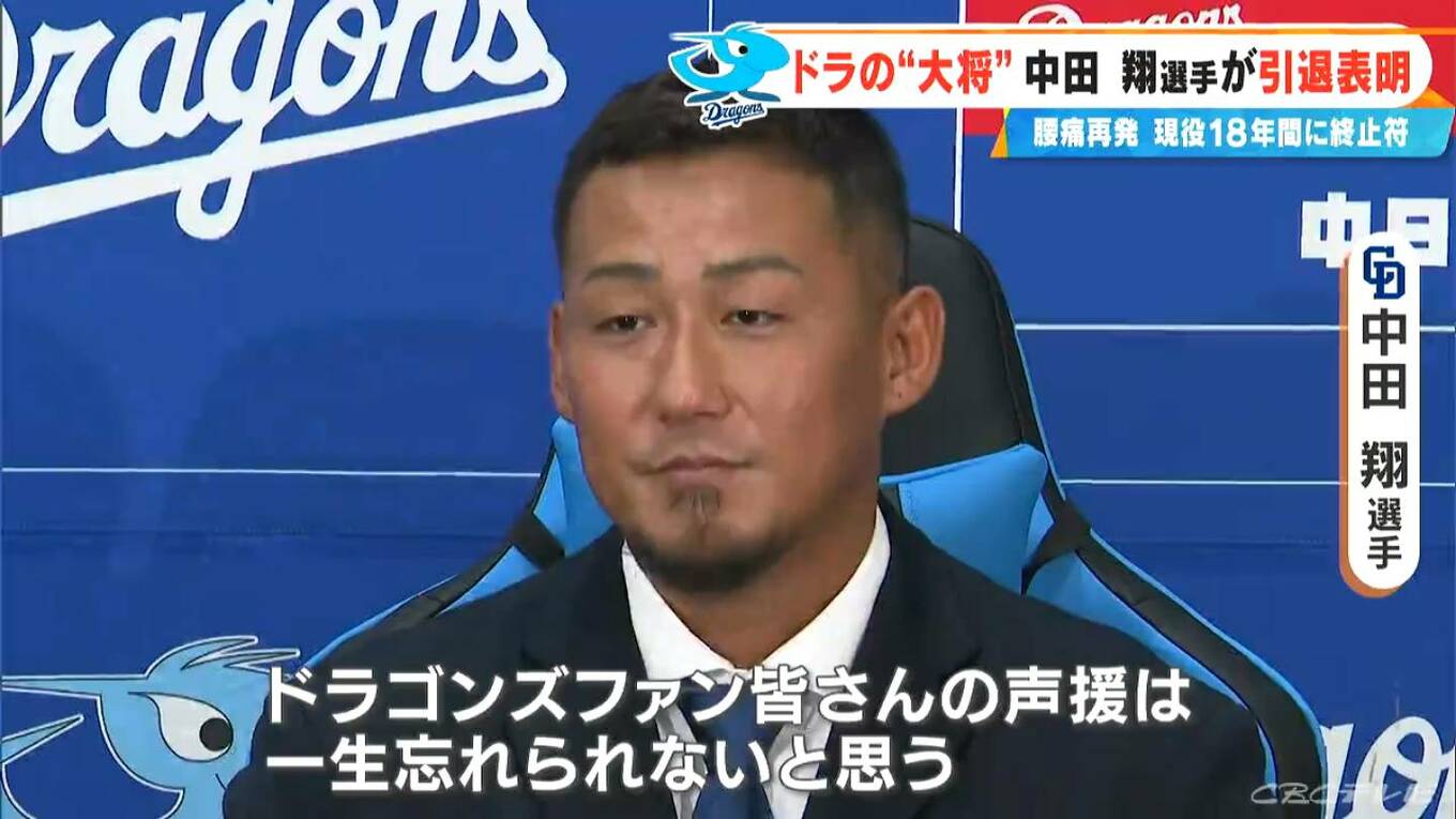 ドラゴンズ･中田翔選手が引退表明「これ以上チームに迷惑かけられない」持病の腰痛が再発…18年の現役生活に終止符 | 名古屋・愛知・岐阜・三重のニュース【CBC news】 | CBC web