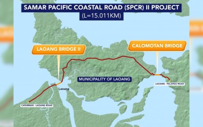 FUTURE ROAD. A map showing the location of the Samar Pacific Coastal Road 2 Project that will link Laoang Island and the Samar mainland in Northern Samar. Officials in Northern Samar have welcomed the inclusion of PHP1 billion in initial funding for the project under the 2026 budget. (Photo courtesy of Gov. Harris Ongchuan)