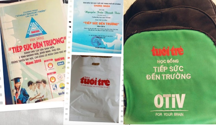 Những món quà từ học bổng Tiếp sức đến trường 2014 như chiếc ba lô học bổng trao tặng ngày ấy vẫn được bạn Nguyễn Trần Thanh Trúc giữ kỹ tới bây giờ - Ảnh: NVCC