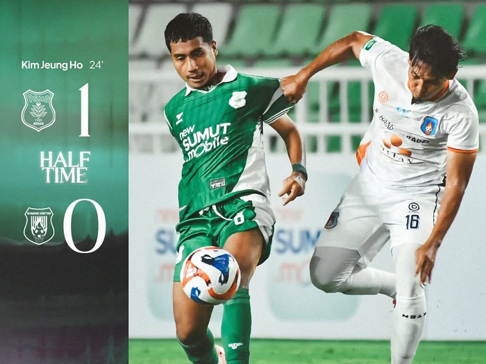 Gol pertama PSMS dicetak Kim Jeung Ho di menit ke-24 babak pertama. Gol ini menjadi satu-satunya gol yang tercipta hingga turun minum (Dok. Instagram Official PSMS Medan)