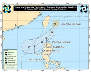 Tropical Cyclone Wind Signal (TCWS) No. 1 is hoisted over three areas as Tropical Depression Salome is expected to pass close or make landfall over Batanes and may also pass close over Babuyan Islands and Ilocos Norte, state weather bureau PAGASA said Wednesday.