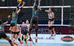 IN YOUR FACE. National University's Vange Alinsug (right) scores against Far Eastern University's Clarisse Loresco (10) in the Shakey’s Super League Unity Cup at Ninoy Aquino Stadium in Manila on Sunday (Oct. 26, 2025). The Lady Bulldogs won, 25-20, 27-25, 25-21, to earn the first finals berth. (SSL photo)