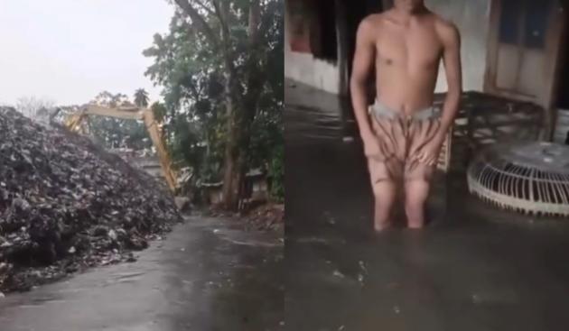 Erdrutsch an Mülldeponie führt zu überlaufendem Fluss und überfluteten Häusern.