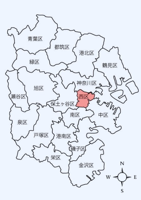 Karte von Yokohama mit der Lage von Nishi Ward