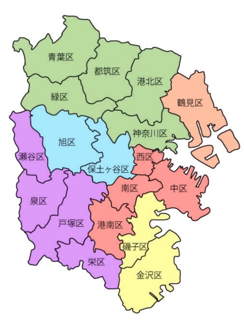 Historische Karte der ursprünglichen fünf Stadtteile Yokohamas