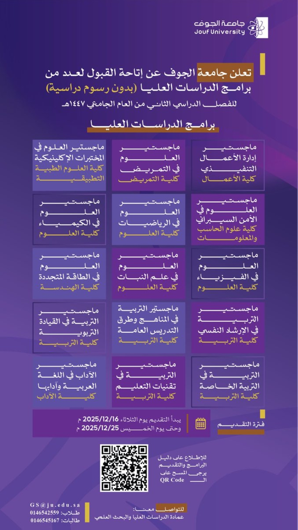 فتح القبول لـ 15 برنامج دراسات عليا بجامعة الجوف. الموعد النهائي النهائي