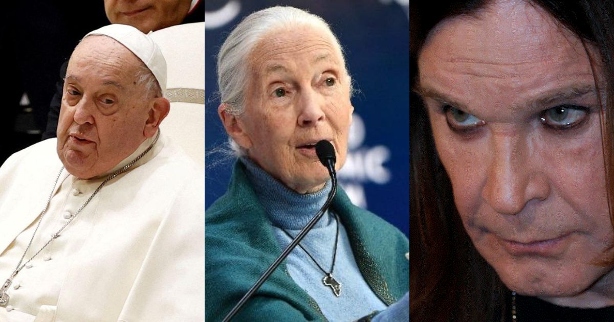 COURTESY (L-R): Pope Francis REUTERS/Ciro De Luca/File Photo | Jane Goodall AFP/Fabrice Coffrini | Ozzy Osbourne REUTERS/ Russell Cheyne