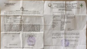 Dokumen Surat Tanda Laporan Polisi (STPL) dari Polsek Pulau Tello (kiri) dan surat keterangan diagnosis medis dari Puskesmas Tello (kanan) terkait kasus dugaan penganiayaan yang dialami Mikhaeli Bilham Duha.