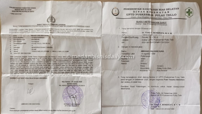 Dokumen Surat Tanda Laporan Polisi (STPL) dari Polsek Pulau Tello (kiri) dan surat keterangan diagnosis medis dari Puskesmas Tello (kanan) terkait kasus dugaan penganiayaan yang dialami Mikhaeli Bilham Duha.