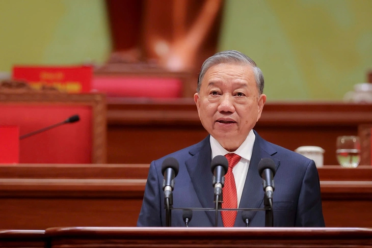 Tổng Bí thư Tô Lâm phát biểu sau khi Ban Chấp hành Trung ương khóa XIV ra mắt Đại hội - Ảnh: NGUYỄN KHÁNH