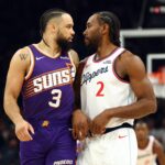 Feb 1, 2026; Phoenix, Arizona, USA; Los Angeles Clippers forward Kawhi Leonard (2) against Phoenix Suns forward Dillon Brooks (3) in the first half at Mortgage Matchup Center. Photo: Mark J. Rebilas-Imagn Images