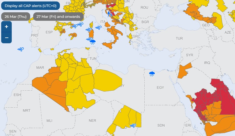 The image may be a map and contain the text 'Display all CAP alerts (UTC+0) 26 Mar (Thu) 27 Mar (Fri) and onwards ROU PRT ESP BGR GRC GEO TUR MAR TUN AZE SYR ESH IRQ ع MRT EGY MLI SEN NER SDN ERI'