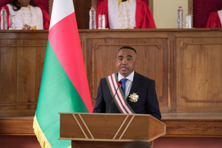 Col. Michael Randrianirina delivers his speech at the high constitutional court after being sworn in as president in Antananarivo, Madagascar, Friday, Oct. 17, 2025. (AP Photo/ Brian Inganga)