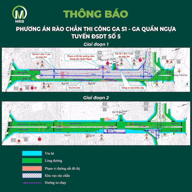 Sơ đồ phương án rào chắn đường Văn Cao để thi công ga S1 (ga Quần Ngựa) tuyến đường sắt đô thị số 5 (Văn Cao-Hòa Lạc)