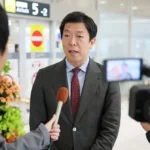札幌市長選について取材に答える荒井優元衆院議員（藤井泰生撮影）