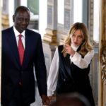 epa12902982 Italian Prime Minister Giorgia Meloni (R) and Kenyan President William Ruto arrive for a press conference following their meeting at Palazzo Chigi in Rome, Italy, 20 April 2026. EPA/ANGELO CARCONI