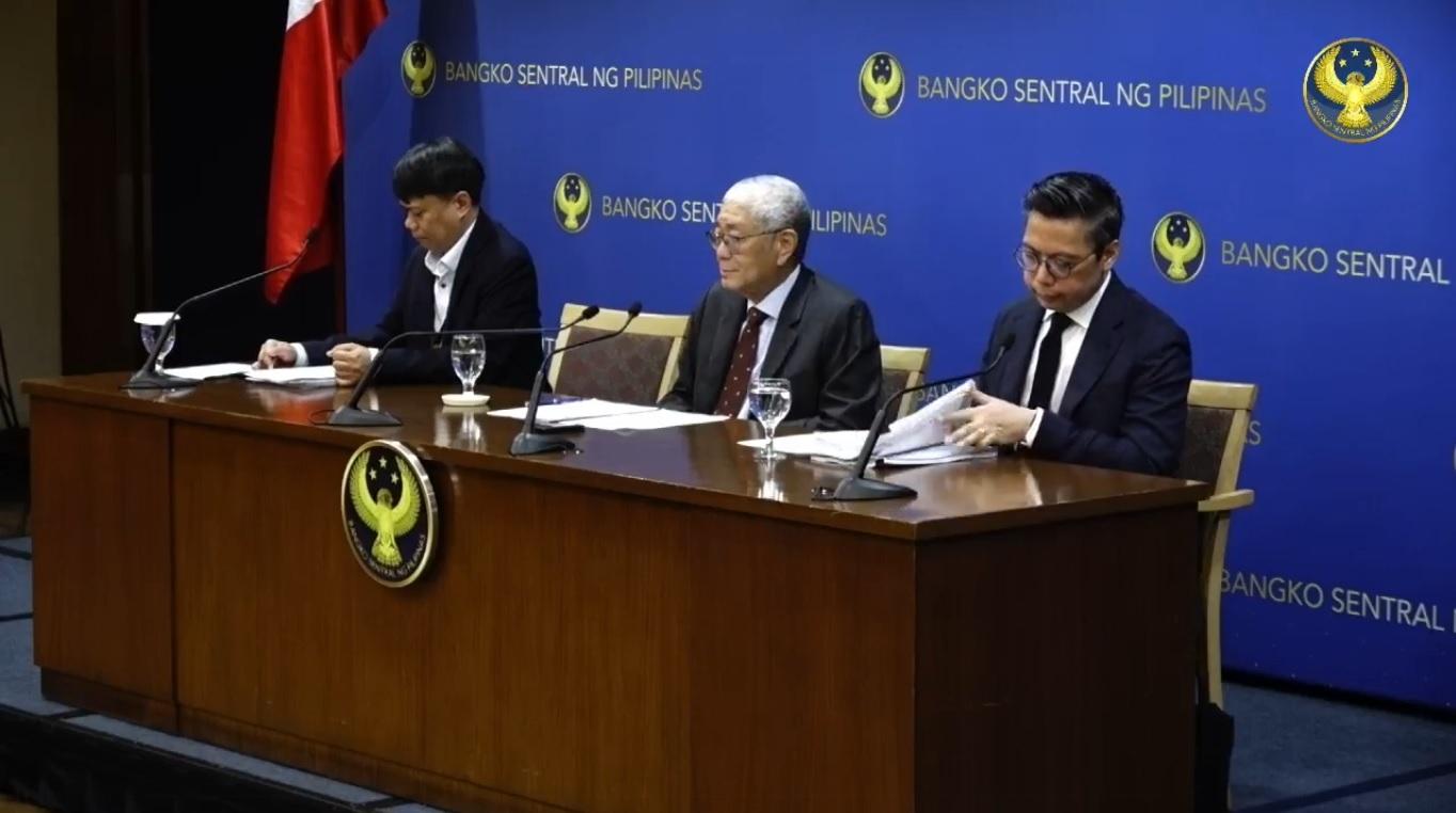 BSP Governor Eli Remolona Jr. is flanked by Deputy Governor Zeno Ronald Abenoja of the Monetary and Economics Sector and Monetary Policy Subsector officer-in-charge Dennis Lapid face the media during the briefing on the central bank's monetary policy stance on Thursday, April 23, 2026.