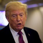 US President Donald Trump talks to members of the media aboard Air Force One en route to Joint Base Andrews, Maryland, US, April 17, 2026. REUTERS/Evan Vucci