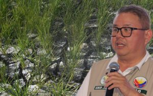 Man wearing glasses and a beige vest speaks into a microphone beside a flooded rice field with young green plants in the background.