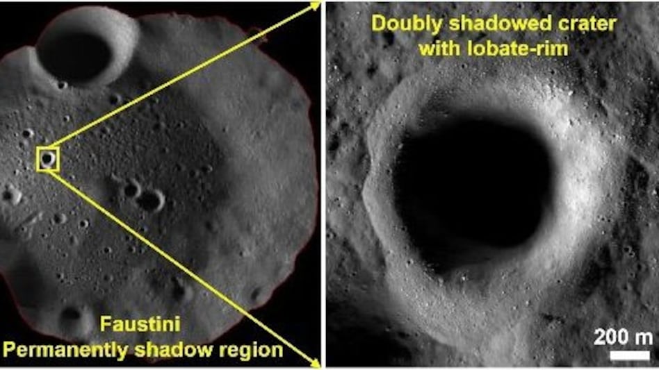 The strongest indications were found in a pit about 1.1 kilometers wide inside the Faustini crater. (Photo- ISRO)