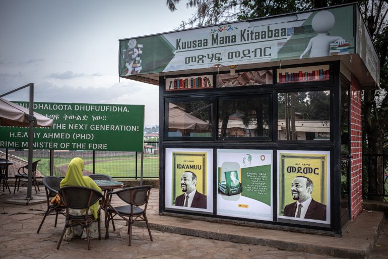 A kiosk selling books displays copies of a book written by Ethiopian Prime Minister Abiy Ahmed and published in 2019, in Jimma on May 27, 2026 ahead of Ethiopia’s general elections scheduled for June 1, 2026. (Photo by Marco Simoncelli / AFP)