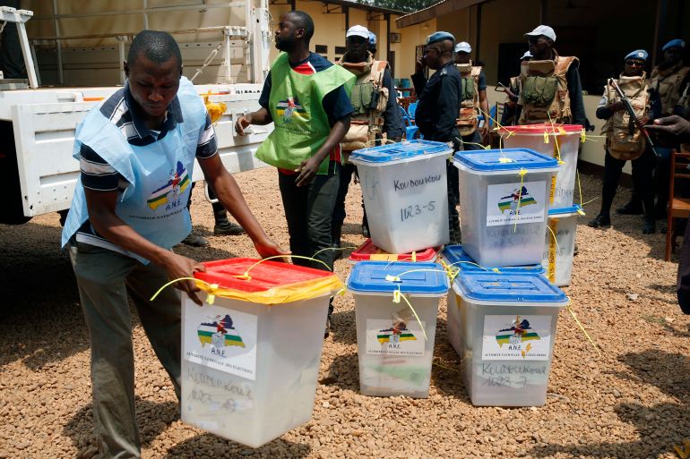 Election officials bring ballot boxes to the central election commission warehouse to be processed in Bangui, Central African Republic, Monday Feb. 15, 2016. Two former prime ministers, Faustin Archange Touadera and Anicet Georges Dologuele, ran in the second round of presidential elections Sunday to end years of violence pitting Muslims against Christians in the Central African Republic. Central Africans will also vote in Legislative elections.