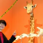 特別展「超危険生物展」で展示しているキリンの剝製（はくせい）と骨格標本の前で、漫才コンビ「麒麟（きりん）」の川島明さんがポーズを取った=東京・上野の国立科学博物館