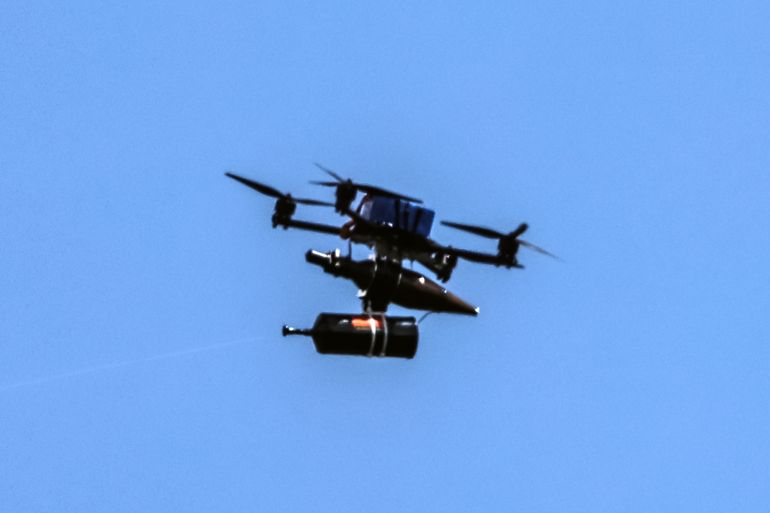 A FPV drone, via fiber-optic cables, launched by Hezbollah from south Lebanon, as seen from the upper Galilee on the Israel-Lebanon border, 19 May 2026.
