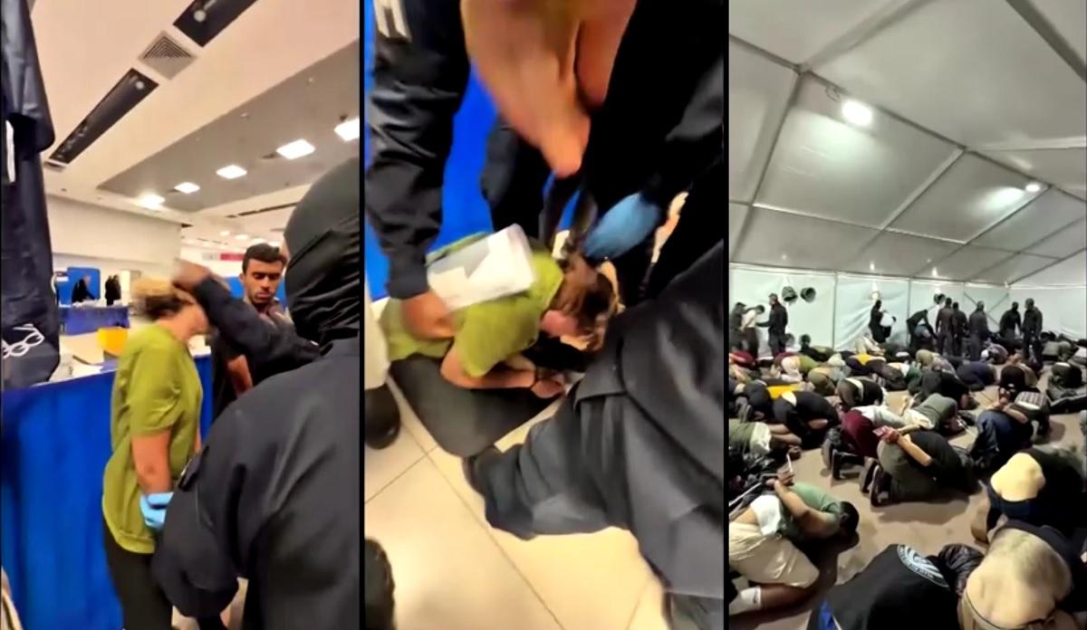 In a video released by Israeli Security Minister Itamar Ben-Gvir’s own office, an Israeli guard grabs the head of a member of the Global Sumud Flotilla and forces her down to the ground after she shouts “Free, free Palestine” at Ben-Gvir. She is then dragged away as he walks smiling past. Israel captured the flotilla, which was sailing to Gaza to deliver humanitarian aid, in international waters. Video from the Office of Itamar Ben-Gvir via Reuters/File