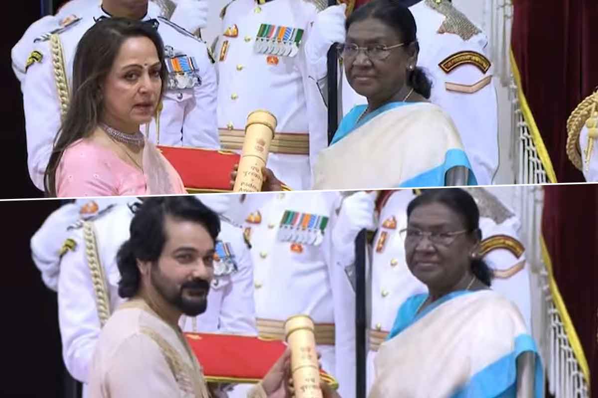 প্রসেনজিতের হাতে পদ্মশ্রী, ধর্মেন্দ্রর হয়ে মরণোত্তর সম্মান গ্রহণ হেমার। ছবি- সংগৃহীত