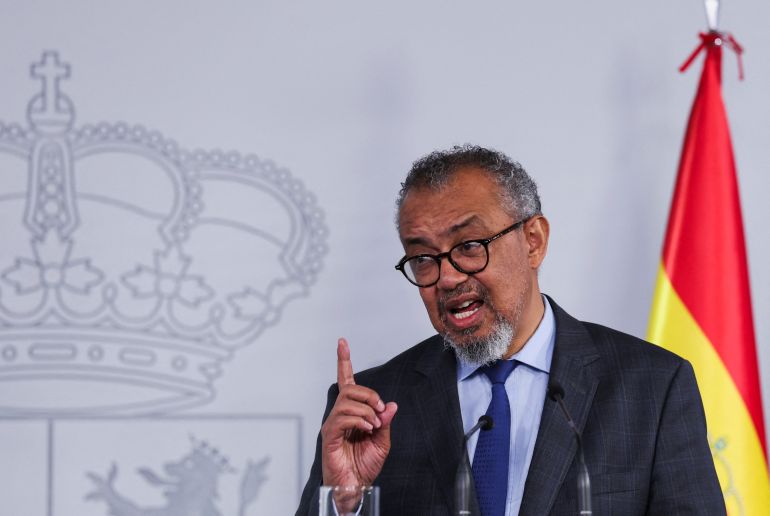 World Health Organization (WHO) Director-General Tedros Adhanom Ghebreyesus speaks during a joint press conference with Spain's Prime Minister Pedro Sanchez (not pictured) at Moncloa Palace, in Madrid, Spain, May 12, 2026.