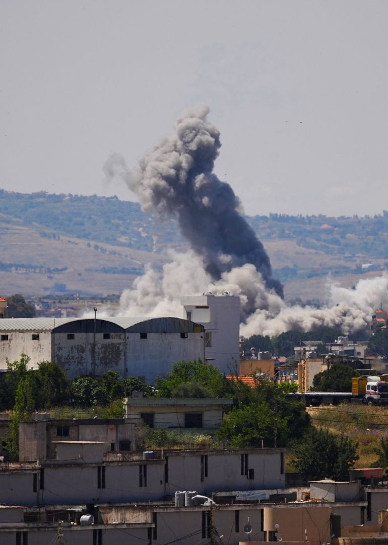 Plume of smoke billows from southern Lebanon following Israeli strikes, as seen from Nabatieh, Lebanon May 28, 2026.