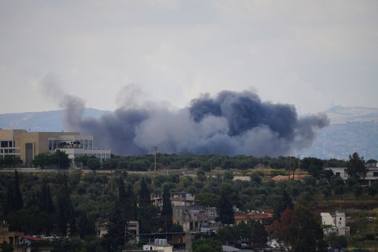 Smoke billows from southern Lebanon following an Israeli strike, as seen from Nabatieh, Lebanon, May 29, 2026.