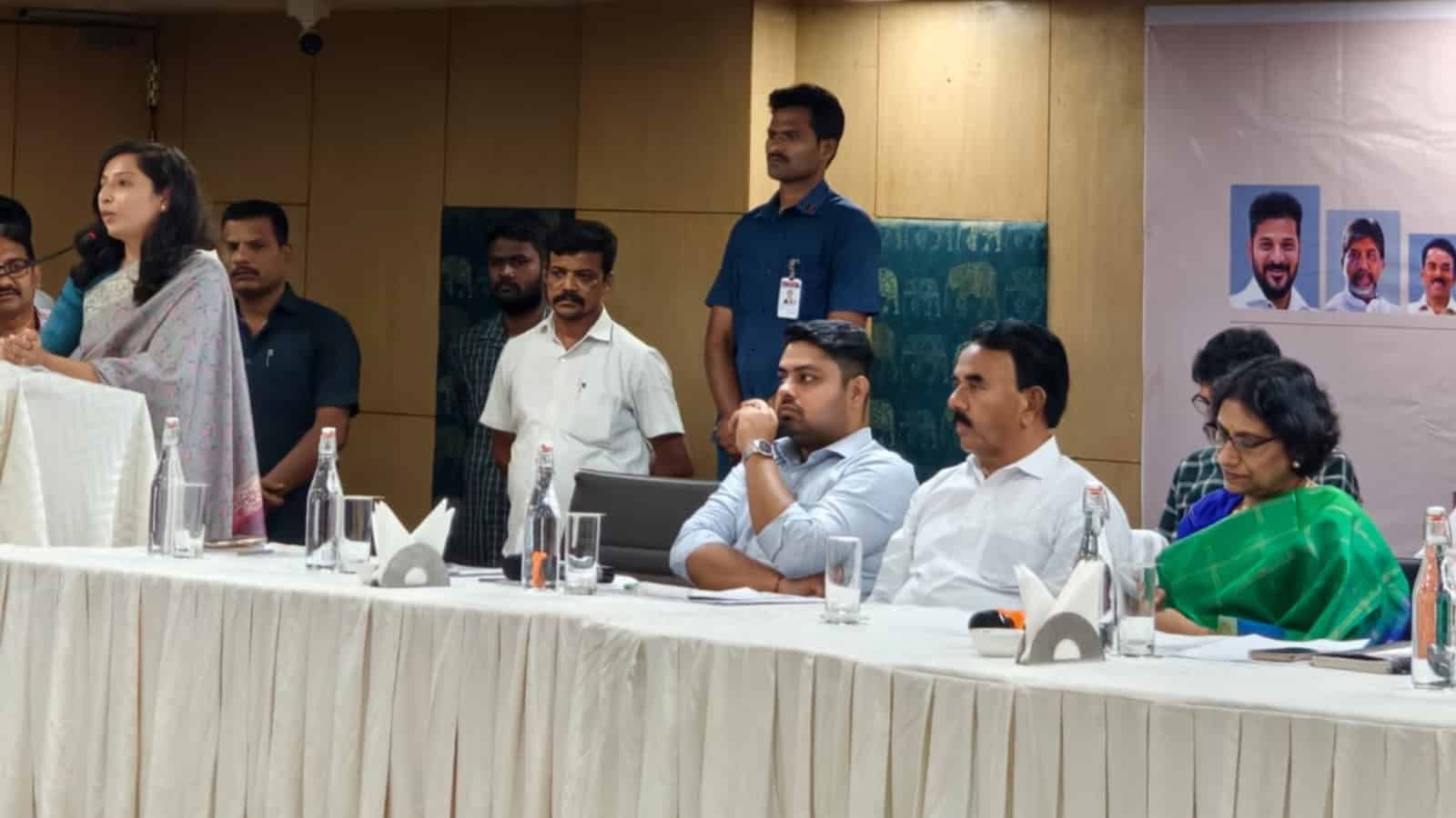 TGTDC chairman P Gouthami speaks as Telangana Tourism Dept director Rajiv Naik and state Tourism Minister Jupally Krishna Rao watch during a meeting with content creators in the state.