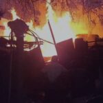 Flames erupt from the warehouse in Bholakpur area
