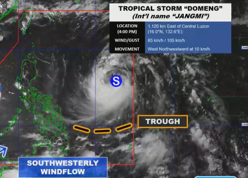 In its 4 p.m. weather bulletin on May 29, 2026, the state weather bureau said Eastern Visayas, Sorsogon, and Masbate will have cloudy skies with scattered rains and thunderstorms caused by the trough of Tropical Storm Domeng (international name: Jangmi). (Photo from PAGASA-DOST)