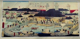 This photo taken in Yokoyama in April 2024 shows "A View of the Waterfront Street in Yokohama," painted in 1870 by Utagawa Hiroshige III. The building at the center was used for inspecting imported and exported goods. Behind it stands the British Consulate, identifiable by its three towers. (Image from the Yokohama Archives of History) (Mainichi/Tadahiko Mori)