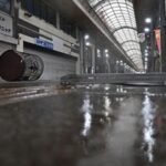 This photo shows puddles in the downtown area in the southwestern Japan city of Miyazaki due to heavy rain on June 7, 2026. (Kyodo)