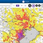 This screenshot of the Japan Meteorological Agency's heavy rain risk map shows color-coded risk levels by area.